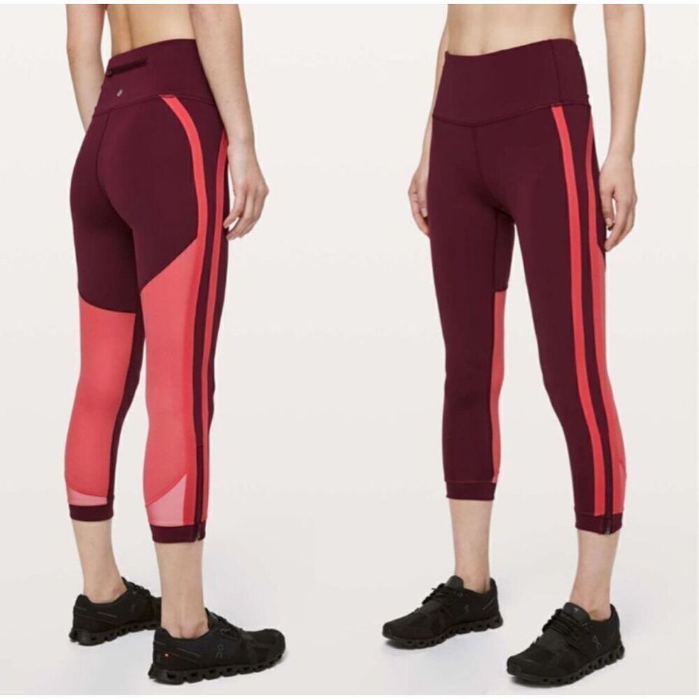 Lululemon Zip The Line Crop 23" Leggings High Rise Reflective Deep Ruby Coral 12